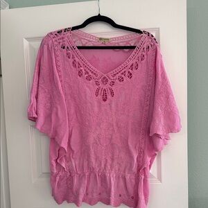 4/$20 Democracy Pink Lace & Crochet V-Neck Tunic